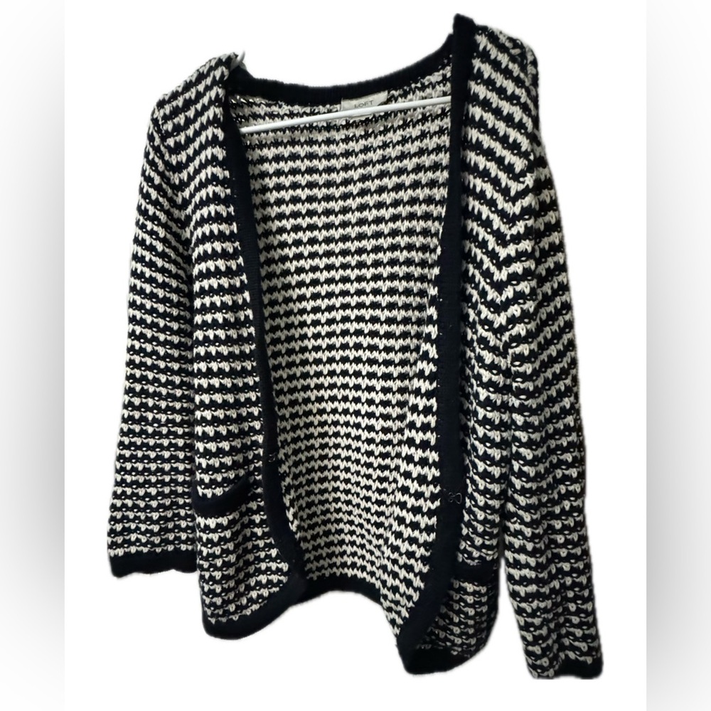 LOFT Navy and Cream Women's Crocheted Cardigan Sweater XL